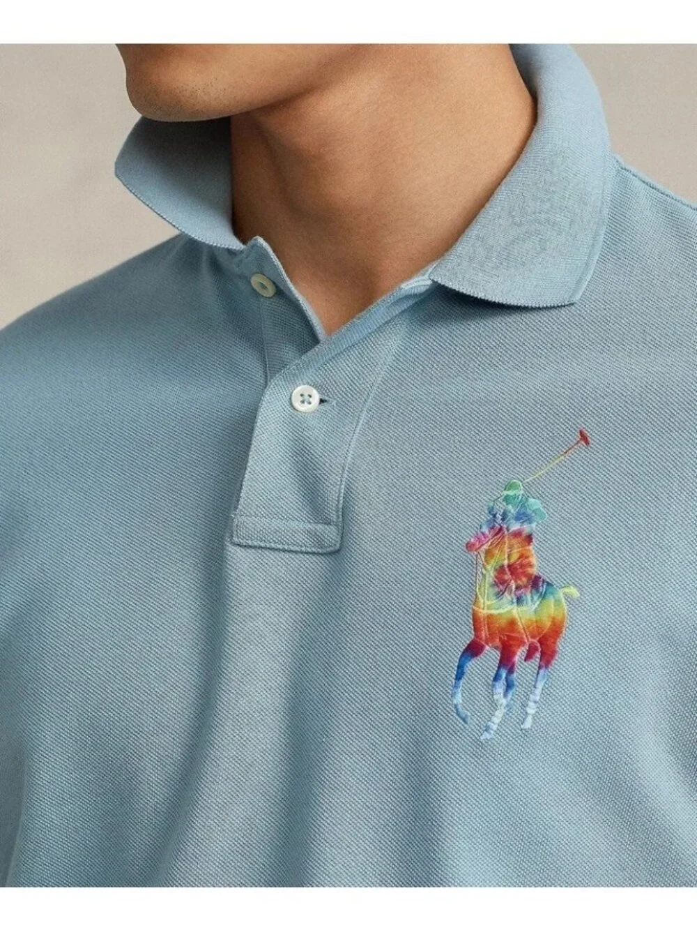 Polo Ralph Lauren Shirt Mens XXL Classic Fit Light Blue Big Pony Rainbow Tie Dye